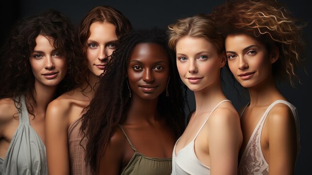 Group of diverse women with different hairstyles and makeup posing in studio