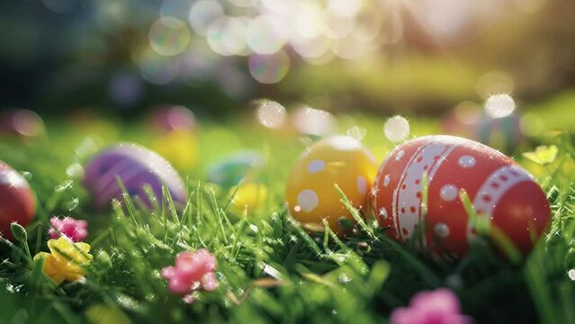 easter egg painted in various colors and located in a grass field with sunlight in Happy Easter Egg