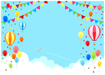 風船、気球、背景、イラスト、かわいい、横型、雲の上、旗、ガーランド © nana10n no AI