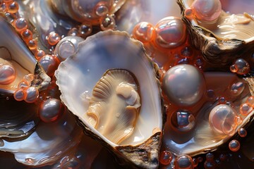 Lustrous Pearls oyster. Sea natural sand. Generate Ai