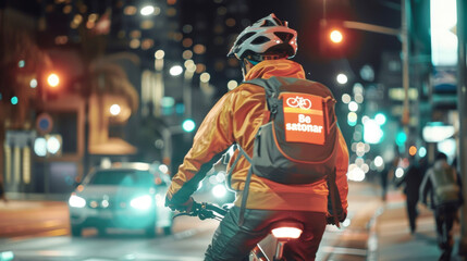 A photo of a person in reflective gear riding a bicycle at night with a sign in the background that reads Be Seen Be Safe Use Reflectors and Lights. - obrazy, fototapety, plakaty