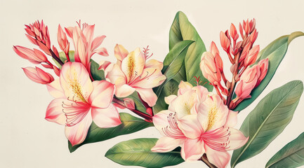 Delicate botanical illustration of blooming tropical plants with pastel-colored flowers,ai generated