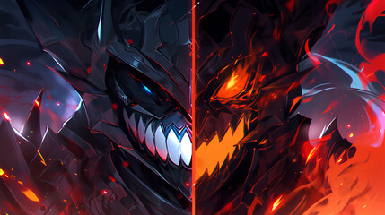 Close-up of the knight's face against the demon king, anime background