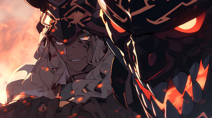 face to face close up of the knight fighting the demon king,anime background