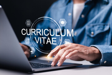 CV, Curriculum vitae concept. Find job, interview web online, Search vacancy, write resume. Businessman use laptop with curriculum vitae icon on virtual screen.