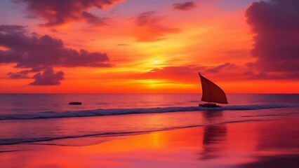 A breathtaking sunset on a tranquil beach, where the sky is ablaze with vibrant hues of orange, pink, and gold, casting a warm glow over the serene seascape