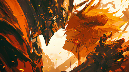 face to face close up of the knight fighting the demon king,anime background