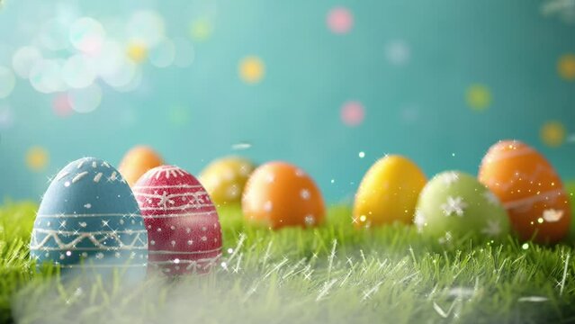 Easter Eggs painted in various colors and located in a grass field with an isolated background
