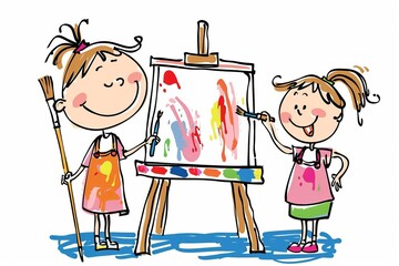 Cartoon cute doodles of brothers and sisters painting together at an easel, creating colorful masterpieces and sharing paintbrushes, Generative AI