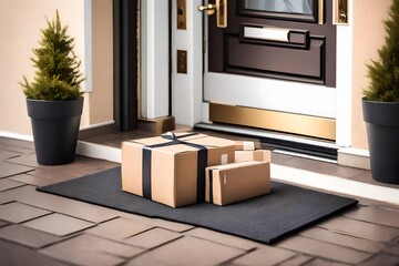 Delivered parcel or box on door mat near entrance. Delivered outside the door, e-commerce purchase on welcome mat.