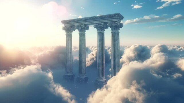 Scene of pillars of heaven above the clouds, animated virtual repeating seamless 4k