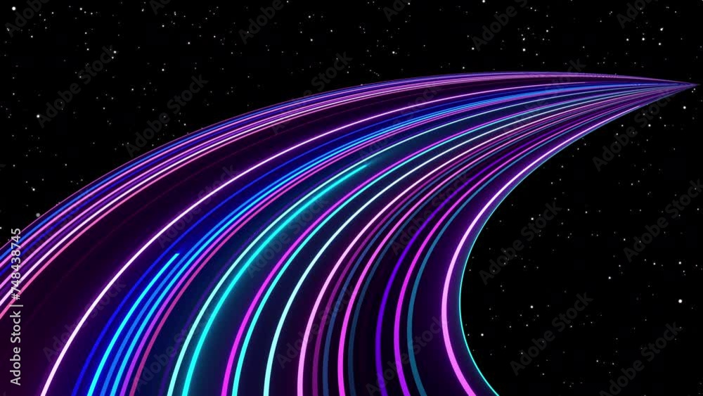 Wall mural curve neon lines with glowing speed trails. appear, slide up and fade way center. traveling through 