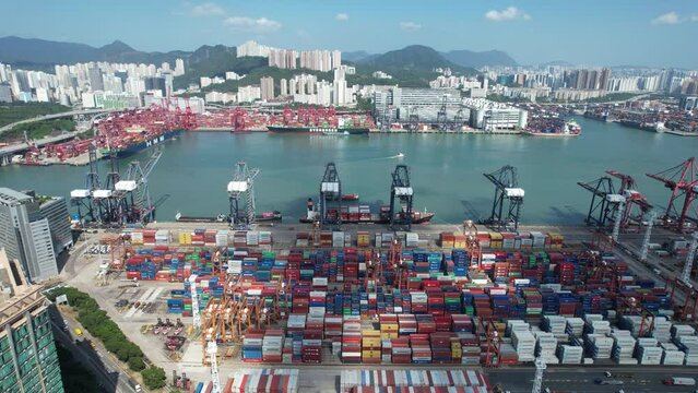 Kwai Tsing Container Terminals near Stonecutters Bridge, the main Far East Asia-Pacific trade shipment logistic port facility along between Kwai Chung and Tsing Yi, Hong Kong, China, Asia