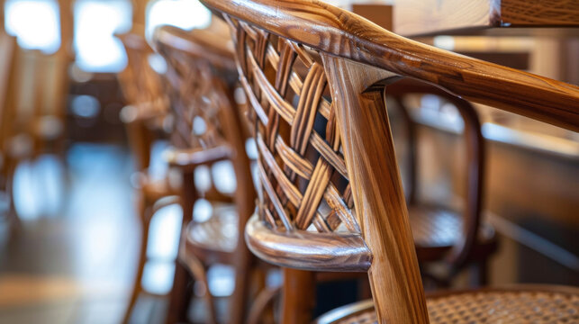 Closeup of a wooden chair in the café revealing intricate grain patterns and knots in the wood. The sy yet elegant design adds a touch of charm to the space.