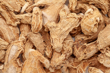 Close-up of Organic Dry Ginger root (Zingiber officinale) or sonth, Full-Frame wallpaper. Top View