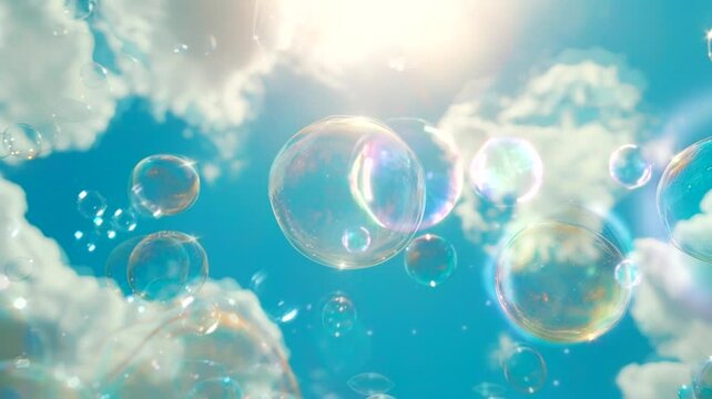 Flying soap bubbles scene, animated virtual repeating seamless 4k