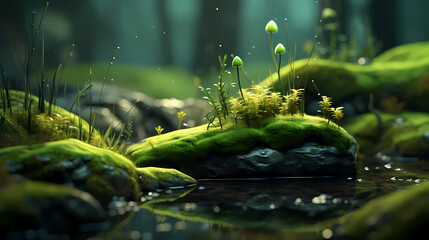 Naklejka na ściany i meble Green moss on rocks in fertile nature background forest