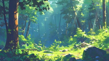 Fototapeta na wymiar fantasy green forest plant anime background