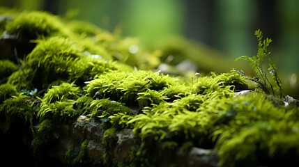Green moss on rocks in fertile nature background forest