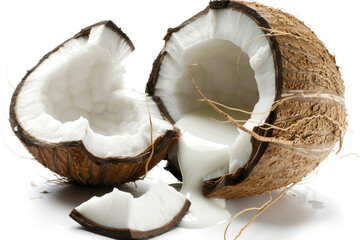 A fresh coconut cracked open, revealing its milk and flesh - obrazy, fototapety, plakaty