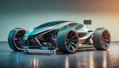 futuristic electric sport fast car chassis and battery packs with high performance or future EV fatory production and prototype showcase.