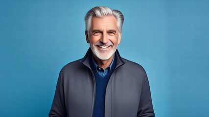 Fototapeta premium Elderly Man Smiling Face Expression Concept. Photo of retired grey haired old man shiny smile excited casually wear blue shirt and grey jacket isolated blue color background.