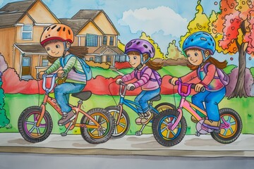 Cartoon cute doodles of brothers and sisters riding bikes together in the neighborhood, with training wheels and colorful helmets, Generative AI