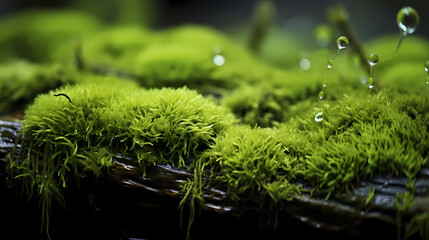 Green moss on rocks in fertile nature background forest