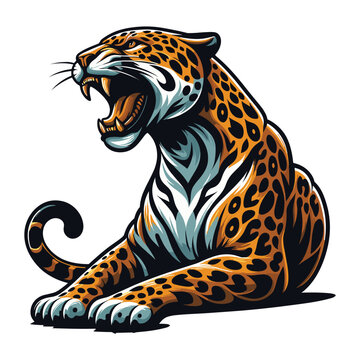 Wild roaring jaguar leopard vector illustration, zoology illustration, animal predator big cat design template isolated on white background
