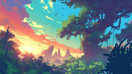 Fototapeta na wymiar fantasy colored forest plant anime background