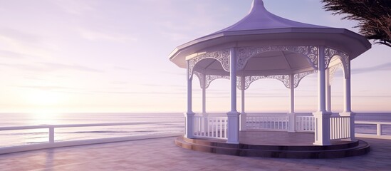 illustration of a beautiful garden view with a modern gazebo on the beach with sunny weather and sunrise
