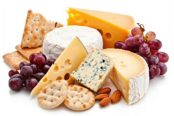An assortment of fine cheeses on a pure white background