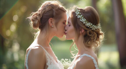 Fototapeta na wymiar Lesbian couple sharing romantic wedding kiss to celebrate love and commitment