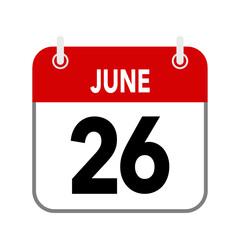 Obraz na płótnie Canvas 26 June, calendar date icon on white background.