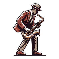 Musician playing saxophone, music player performing solo, holding sax instrument in hands, man saxophonist, jazz and blues performance. Flat vector illustration isolated on white background