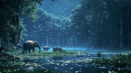 A herd of elephants wading in a swamp at night