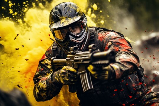 Focused Person playing paintball gun shooting. Male uniform nature fitness man. Generate Ai