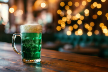 Green beer in a mug on a bar counter with bokeh lights. Green beer photo for St Patrick’s day celebration banner with copy space for text. St Patrick Day Concept.