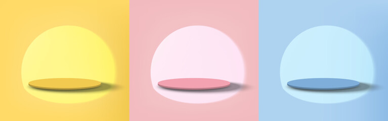 Set of Yellow, Pink, Blue, scene background with spotlight and pedestal minimal style. Pedestal with for product display, advertising, show base on pastel color backdrop. Vector illustration.