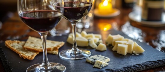 Fototapeta na wymiar Elegant glass of red wine and assorted cheese plate for a sophisticated wine tasting event