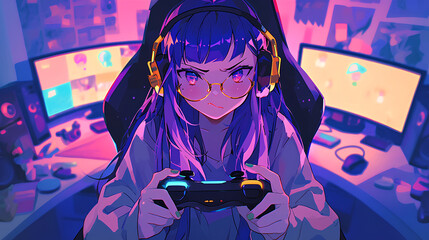 cute anime girl seriously playing game