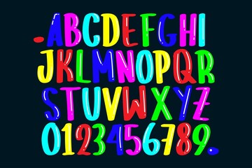 Playful Colorful Font Design Childish Alphabet Letters Numbers Vector Illustration