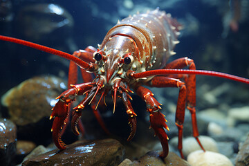 Closeup portrait of a European spiny lobster in a tank in an aquarium - obrazy, fototapety, plakaty