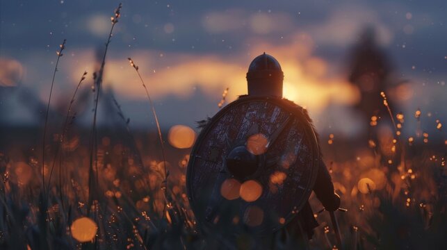 As night falls on the battlefield a Norman Knight stands tall and victorious his sword and shield still at the ready.