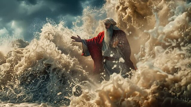 Medium shot of water splashing around Moses as he parts the red sea 