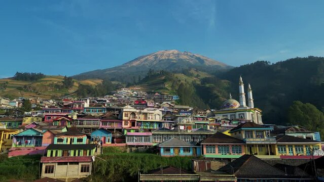 aerial view of the colorful village up in the mountains of Central Java, Nepal Van java, a Muslin village in the bottom of Mont Sumbing - Indonesia