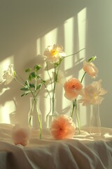 Tender different flowers in glass vases in the sunlight. A cozy corner with flowers and the play of light through glass vases.