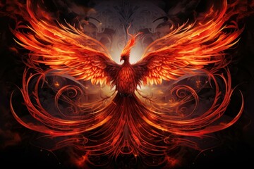 Fiery Red phoenix bird. Fire fantasy bird. Generate Ai - obrazy, fototapety, plakaty