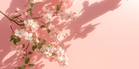 Spring pink banner, snow-white apple tree blossoming in the sun with shadows, pastel shades. Backdrop for spring, easter, bloom, delicate background for skin care