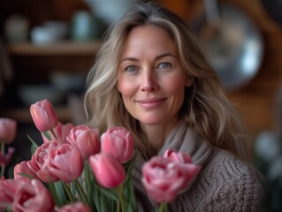 Portrait of an adult beautiful woman with a bouquet of tulips. Spring greetings on international women's day in March, smiling happy gray-haired woman with flowers. Mom's Day Concept